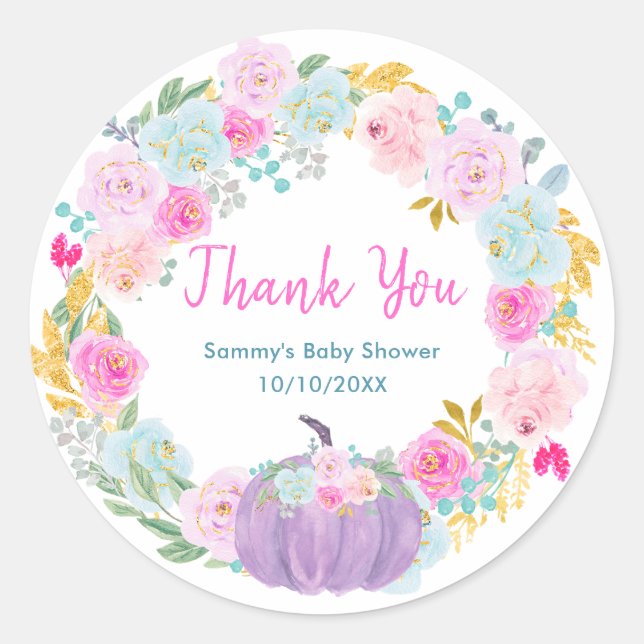 Adesivo Purple Pumpkin Floral Wreath Baby Shower Thank You (Frente)
