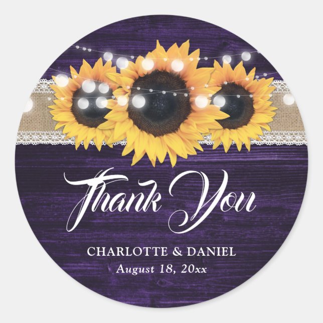 Adesivo Purple Wood Burlap Lace Sunflower Wedding (Frente)