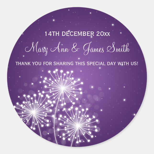 Adesivo Púrpura de Verão de Casamento Elegante (Frente)