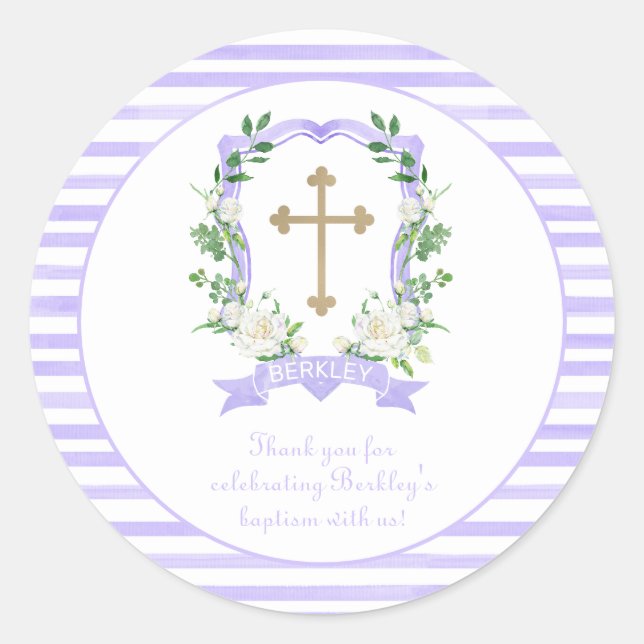 Adesivo Púrpura Floral Crest Baptism Obrigado (Frente)