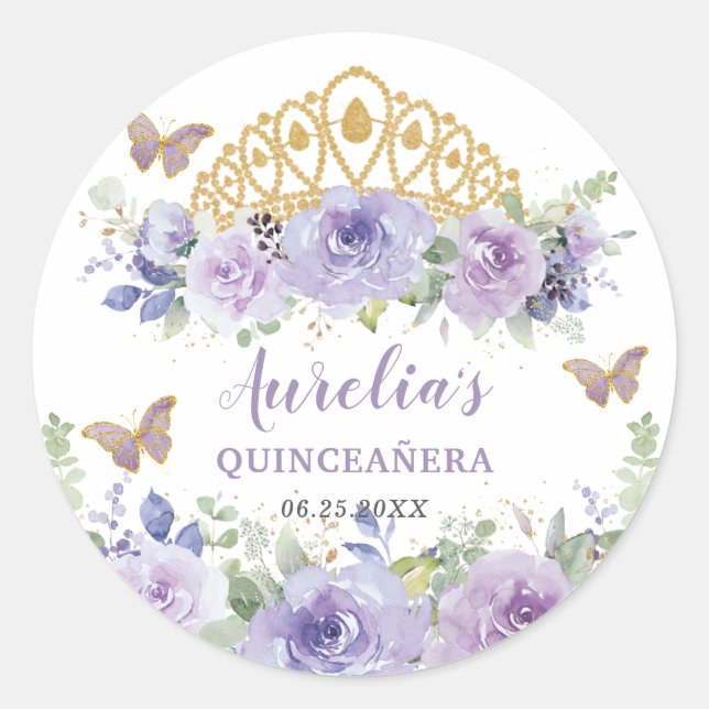 Adesivo Púrpura Lilac Floral Quinceañera Crown Butterflies (Frente)
