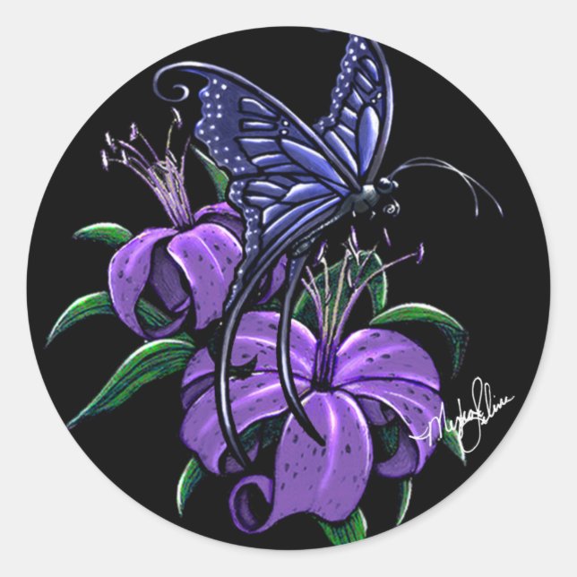 Adesivo Púrpura Lillies Blue Butterfly Fantasy Art Sticker (Frente)