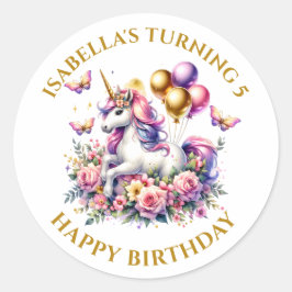 Adesivo Púrpura rosa e Dourado Aniversário do Unicórnio Pe