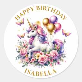 Adesivo Púrpura rosa e Dourado Aniversário do Unicórnio Pe