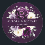 Adesivo Púrpura Roxo Pera Marinha Branca Casamento Floral<br><div class="desc">O adesivo de casamento floral típico de meio-verão apresenta um buquê de coloração d'água de pessoas em tons de ameixa púrpura, floral de marfim de champanhe e sábio, folhas verdes e peludas de eucalipto botânico. Por favor, encontre mais designs e variações na minha loja de "blisswedingpaperie". E fique à vontade...</div>