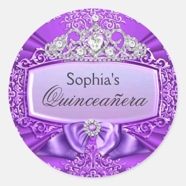 Adesivo Púrpura Tiara & Damask Quinceanera Sticker (Frente)