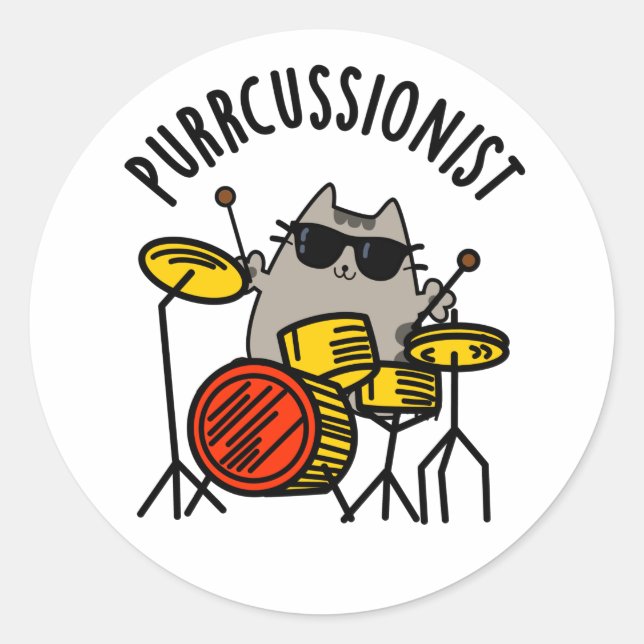 Adesivo Purr-cussionista Engraçado Drummer Cat Pun (Frente)