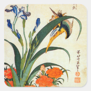 Adesivo Quadrado ア ヤ に カ ワ セ ミ 北 斎, das メ Iris e Kingfisher, Hokusa