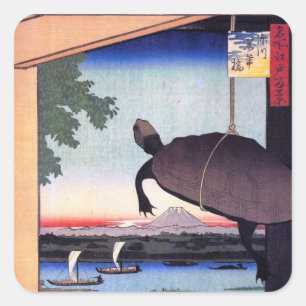 Adesivo Quadrado 亀 と 富 山, 広 重 Tartle e Monte Fuji, Hiroshige, Ukiyo