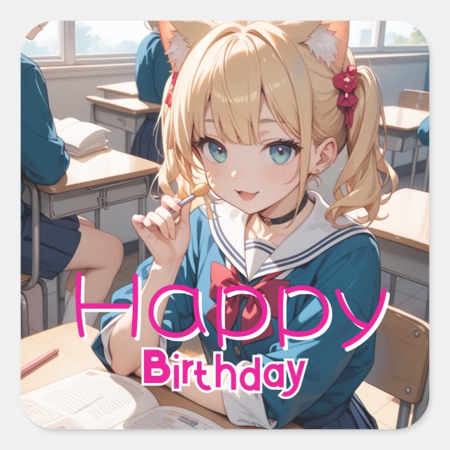 ADESIVO QUADRADO 教室にいる猫耳の少女 (Frente)