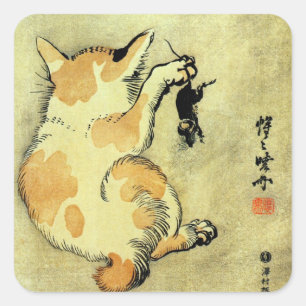 Adesivo Quadrado 猫と鼠, gato do 暁斎 e rato, Kyōsai, Ukiyo-e