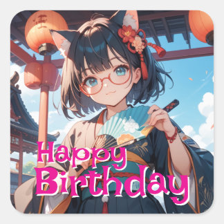 ADESIVO QUADRADO 着物を着て扇子を持っている猫耳少女