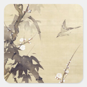 Adesivo Quadrado 竹に鳥, pássaro do 其一 e bambu, Kiitsu, art