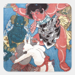 Adesivo Quadrado 金太郎と動物, 国芳 Kintaro & animais, Kuni