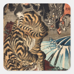 Adesivo Quadrado 龍 虎, 国 芳 Tiger & Dragon, Kuniyoshi, Ukiyo-e