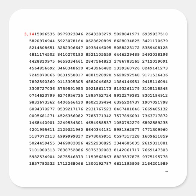 Adesivo Quadrado 1000 Primeiro Dígitos Número Pi | Símbolo matemáti (Frente)
