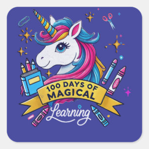Adesivo Quadrado 100 dias de Escola Ensino Magical Learning Unicórn
