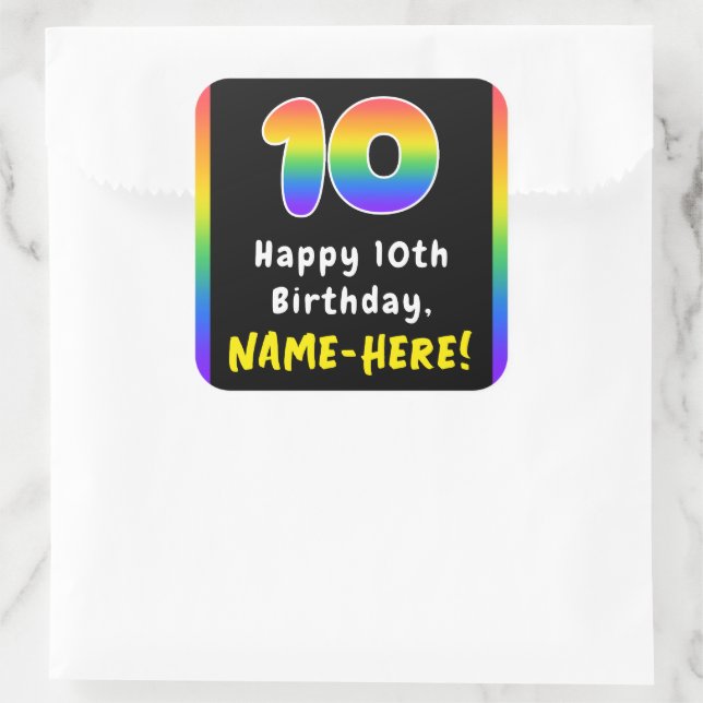 Adesivo Quadrado 10th Birthday: Rainbow Spectrum # 10, Custom Name (Bolsa)