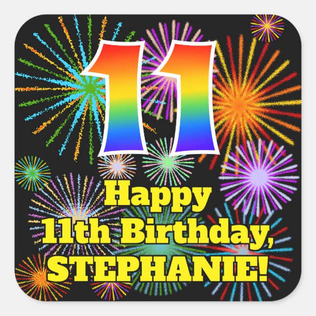 Adesivo Quadrado 11 Birthday: Veja fogos de artifício divertidos, A (Frente)