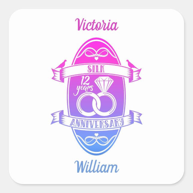 Adesivo Quadrado 12 anos de aniversário tradicional do casamento da (Frente)