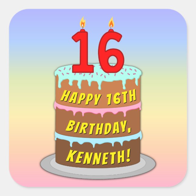 Adesivo Quadrado 16.º aniversário: Bolo e Velas Divertidas + Nome P (Frente)