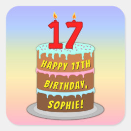 Adesivo Quadrado 17º aniversário: Bolo e Velas Divertidas + Nome Pe