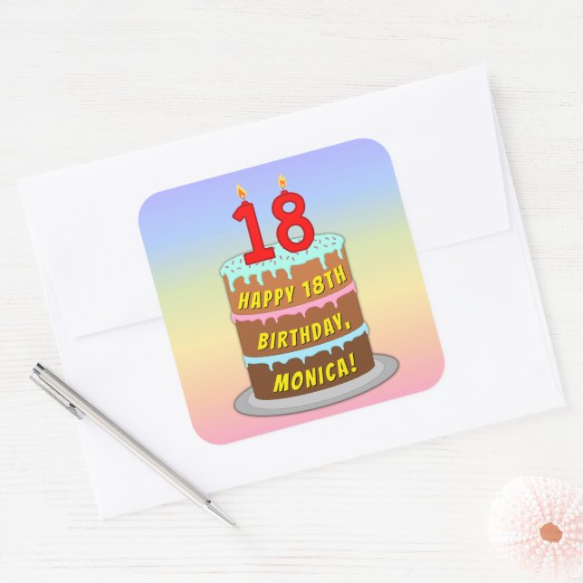 Adesivo Quadrado 18º aniversário: Bolo e Velas Divertidas + Nome Pe (Envelope)