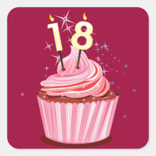 Adesivo Quadrado 18º aniversário - Cupcake rosa