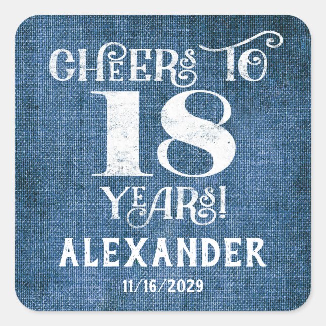 Adesivo Quadrado 18.º Aniversário Blue Linen Obrigado A Favor dos S (Frente)