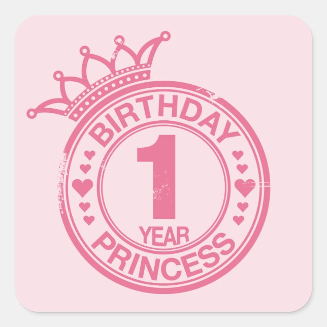 Adesivo Quadrado 1 ano - Princesa de aniversário - rosa (Frente)
