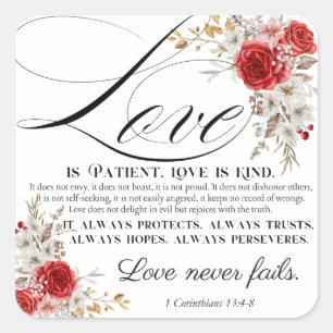 Adesivo Quadrado 1 Corinthians 13:4-8 O amor é a Bíblia do paciente