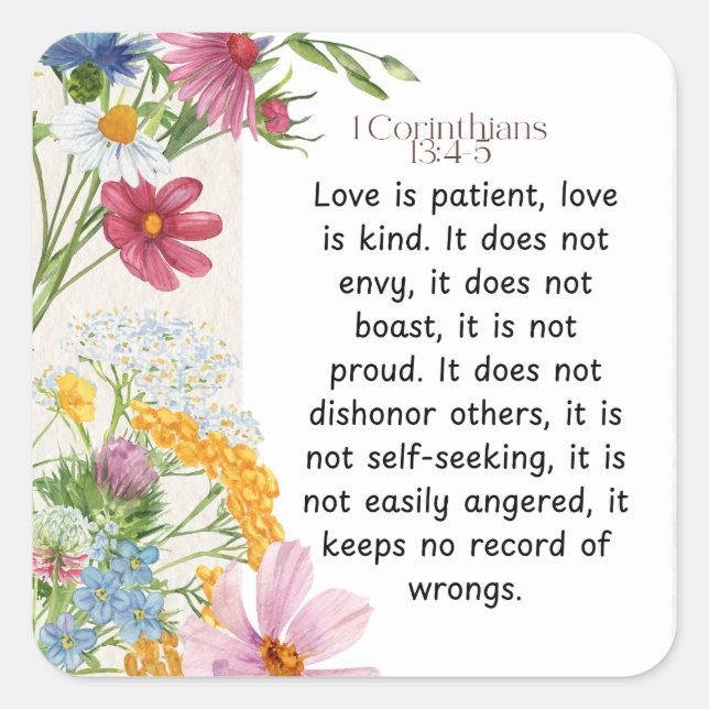 Adesivo Quadrado 1 Corintianos 13:4-5 Design de Aquarela Soothing (Frente)