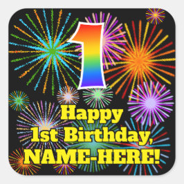 Adesivo Quadrado 1st Birthday: Fun Fireworks Look, Rainbow # 1