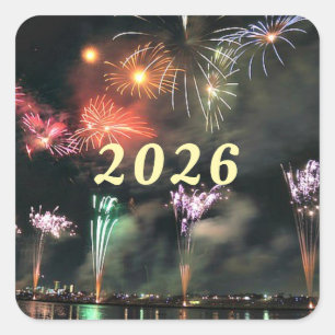 Adesivo Quadrado 2026, comemoração de fogos de artifício, autocolan