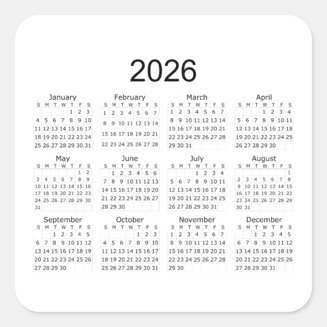 Adesivo Quadrado 2026 Simple Minimalist Calendar (Frente)
