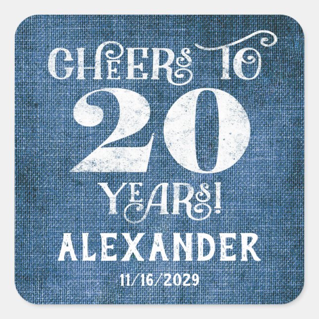 Adesivo Quadrado 20 Birthday Blue Linen Obrigado Pelos Stickers (Frente)