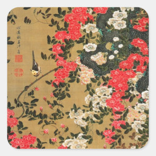 Adesivo Quadrado 21. 薔 薇 禽 図, 若 Rosas 冲 e pássaro pequeno, Jakuchu
