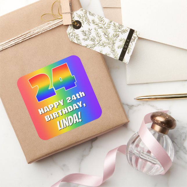 Adesivo Quadrado 24th Birthday: Colorful, Fun Rainbow Pattern # 24 (Presentear)