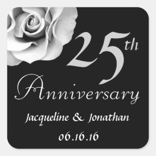 Adesivo Quadrado 25 ANIVERSÁRIO DE PRATA BRANCA Rosa V01