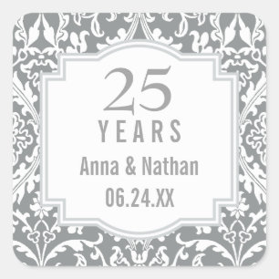 Adesivo Quadrado 25 Casamento Aniversário Silver Damask A03A