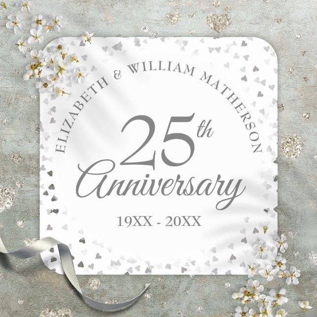 Adesivo Quadrado 25 Casamento Aniversário Silver Hearts Confetti (25th Wedding Anniversary Silver Hearts Confetti Square Sticker)