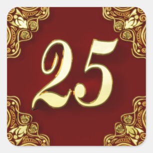 Adesivo Quadrado 25o Aniversário ou ouro régio e vermelho do