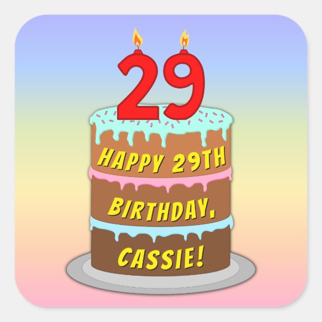 Adesivo Quadrado 29th Birthday: Fun Cake and Candles + Custom Name (Frente)