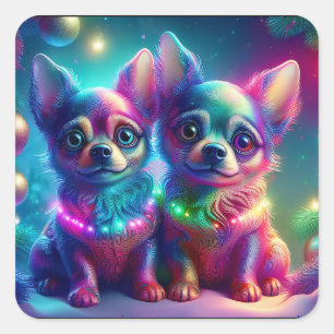 Adesivo Quadrado 2 Filhotes de Chihuahua em Cena Colorida de Natal