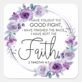 Adesivo Quadrado 2 Timothy 4:7 Eu mantive a fé Purple Floral
