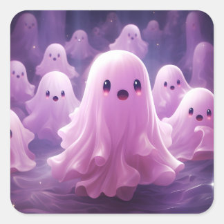 Adesivo Quadrado 31 de outubro Feliz Halloween Fantasmas Rosa Rosa