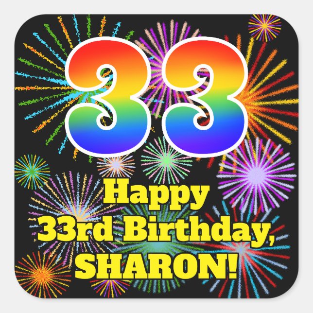 Adesivo Quadrado 33rd Birthday: Fun Fireworks Look, Rainbow # 33 (Frente)