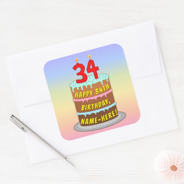 Adesivo Quadrado 34th Birthday: Fun Cake and Candles + Custom Name (Envelope)