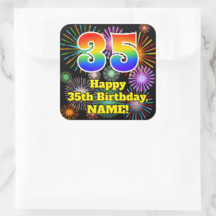 Adesivo Quadrado 35.o aniversário: Fogos de artifício divertidos,