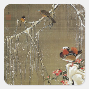Adesivo Quadrado 3. 雪 中 鴦 図, 若 Pato de Mandarim 冲 Neve, Jacuchu